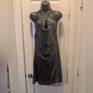 Black & Silver Plus Sequin Criss Cross Neck Dress